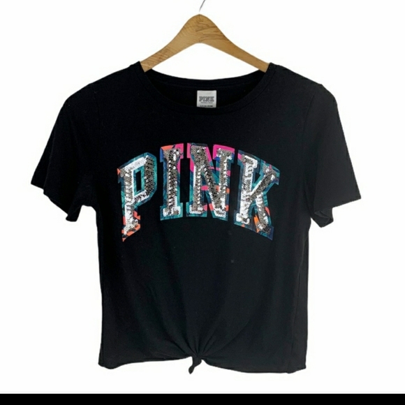VS PINK Tropical Sequin Tie Front Tee Small - Picture 3 of 4